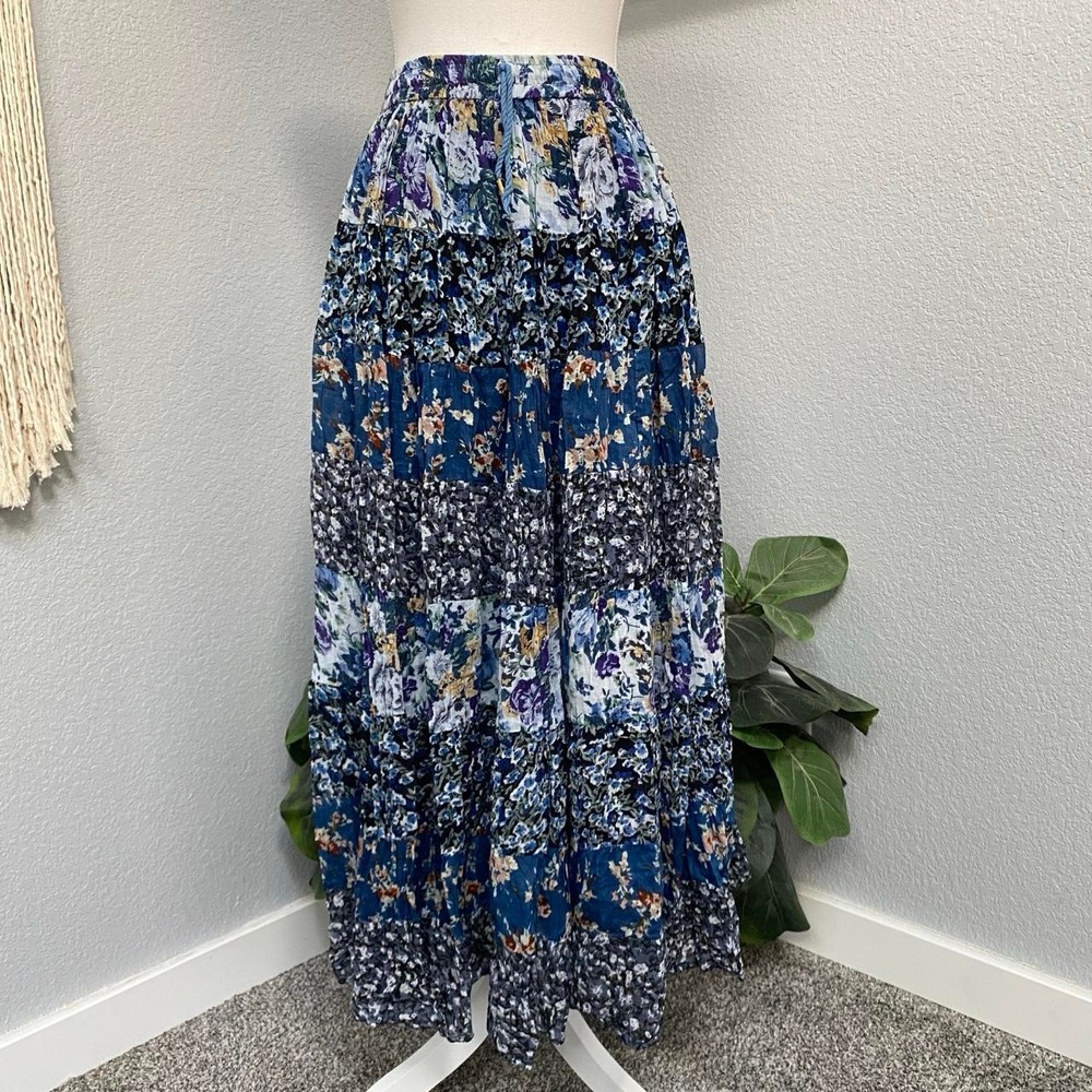 SOSTANZA BLUE FLORAL MAXI SKIRT LINED STRIPE PATCH 100% COTTON BOHO CHIC CASUAL